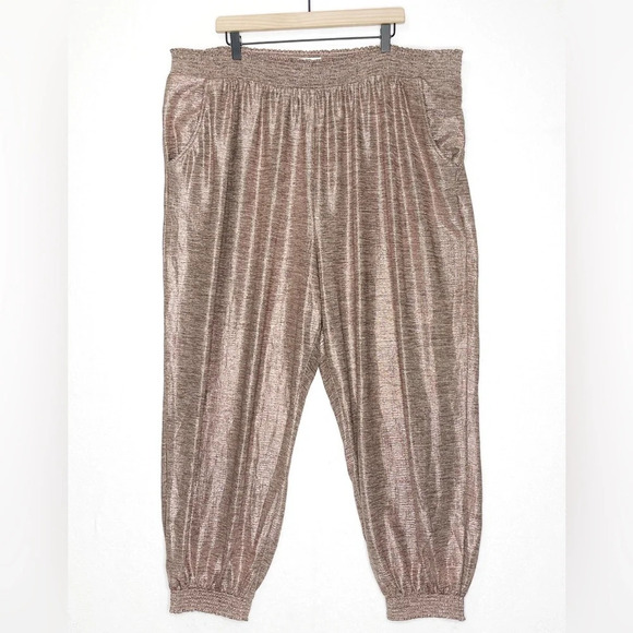 Athropologie Rose Gold Metallic Shimmer Harem Jogger 3X Pull On Pants Pockets - Picture 2 of 8